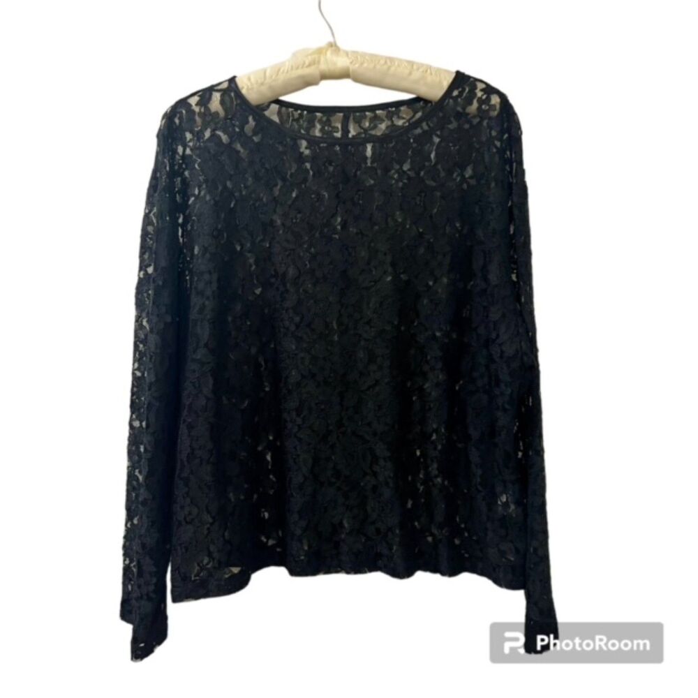Womens Black Lace Scoop Neck Rayon Nylon See Thru LS Top Sz LG/XL - Made in USA